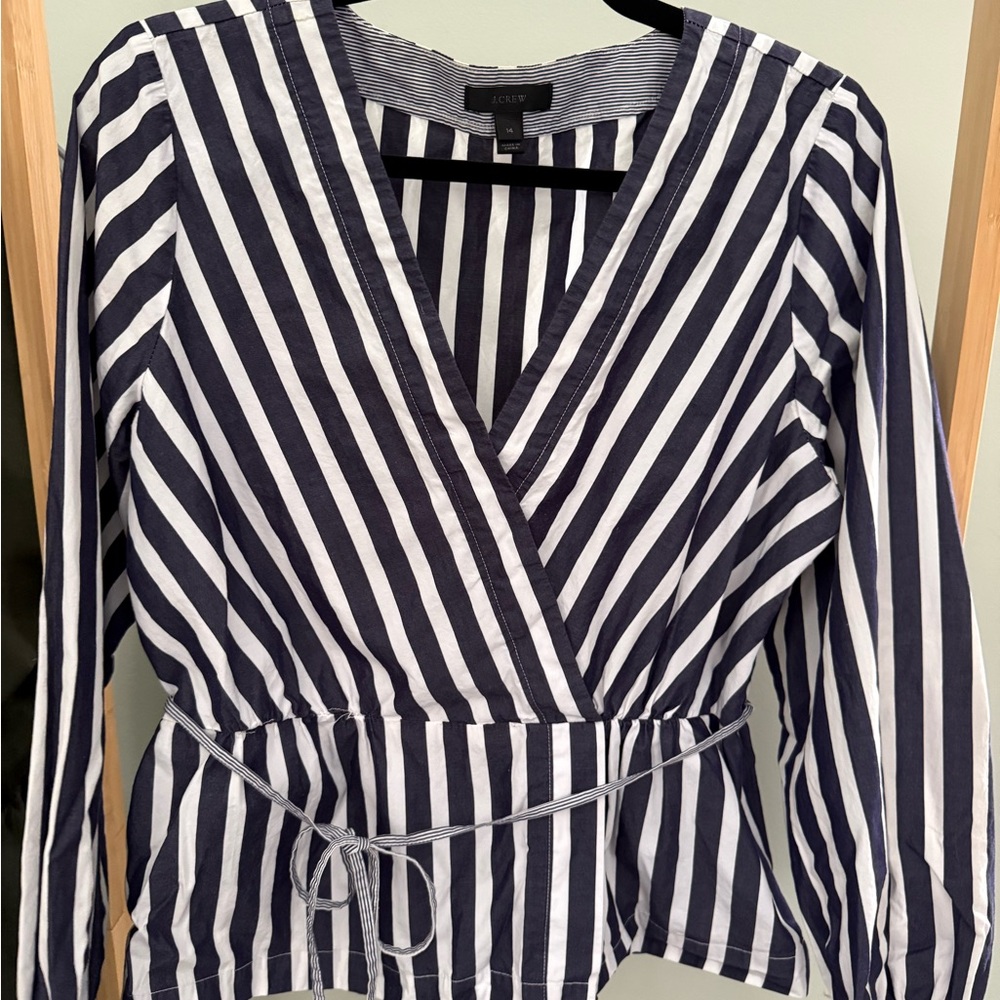 J.Crew Navy and White Striped Women's Top - size 14